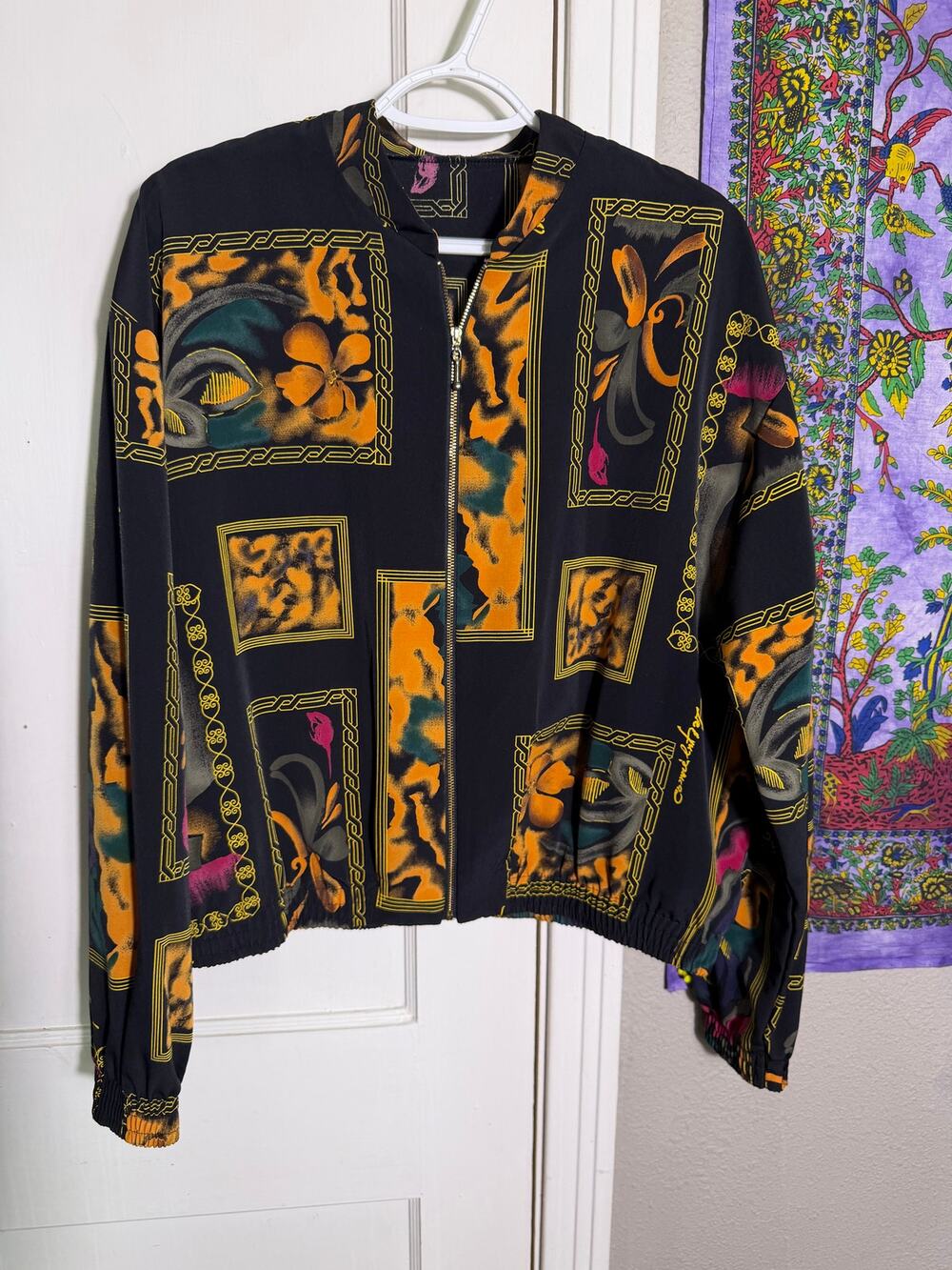Vintage 90s Abstract Art Print Bomber Jacket Black Gold Zip Up L/XL